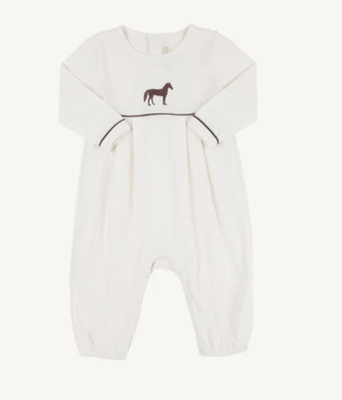 Palmetto Pearl with Gray Bay Brown &amp; Horse Embroidery LS Romper