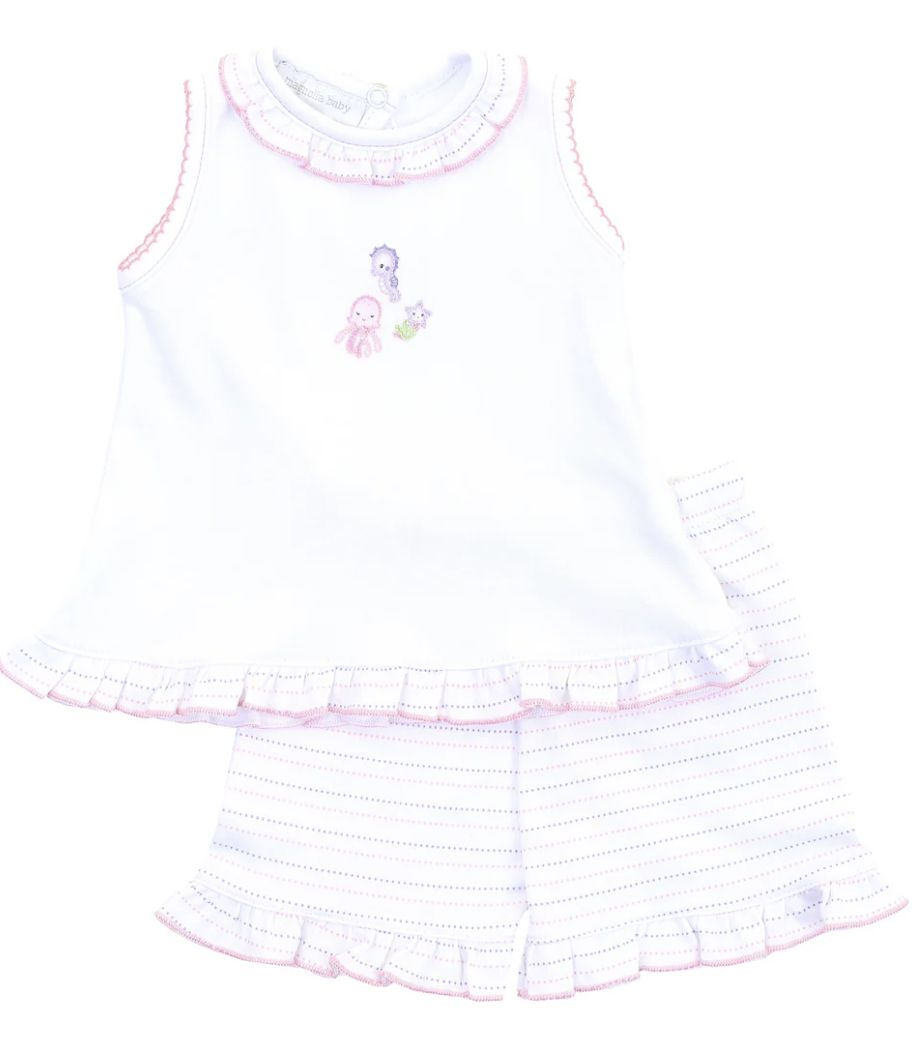 Ocean Wonders Embroidery Ruffle Sleeveless Short Set