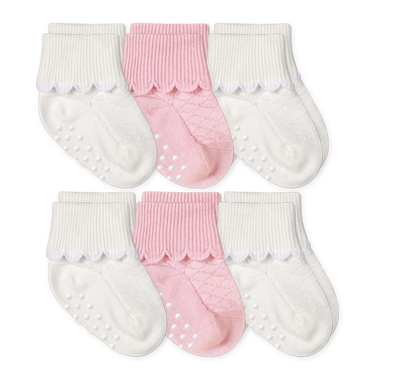 6 Pack Scalloped Turn Cuff Non-Skid Socks