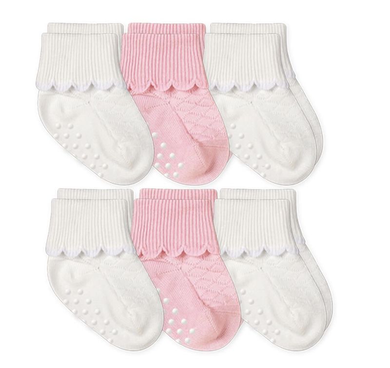 6 Pack Scalloped Turn Cuff Non-Skid Socks