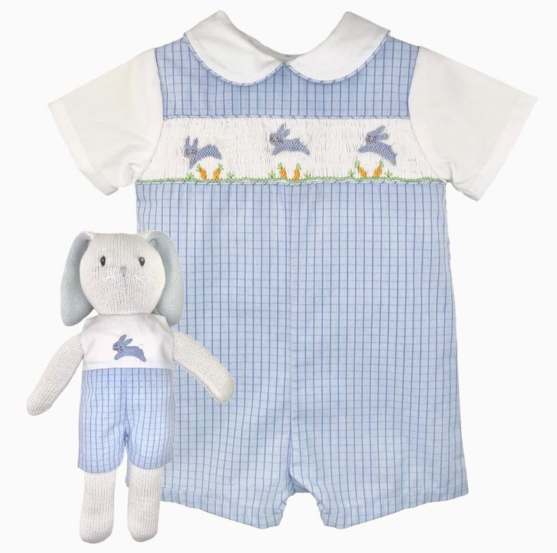Romper with Hand Picture Smocked Bunnies