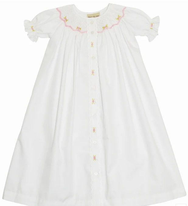 White Hand Smocked Rose Daygown
