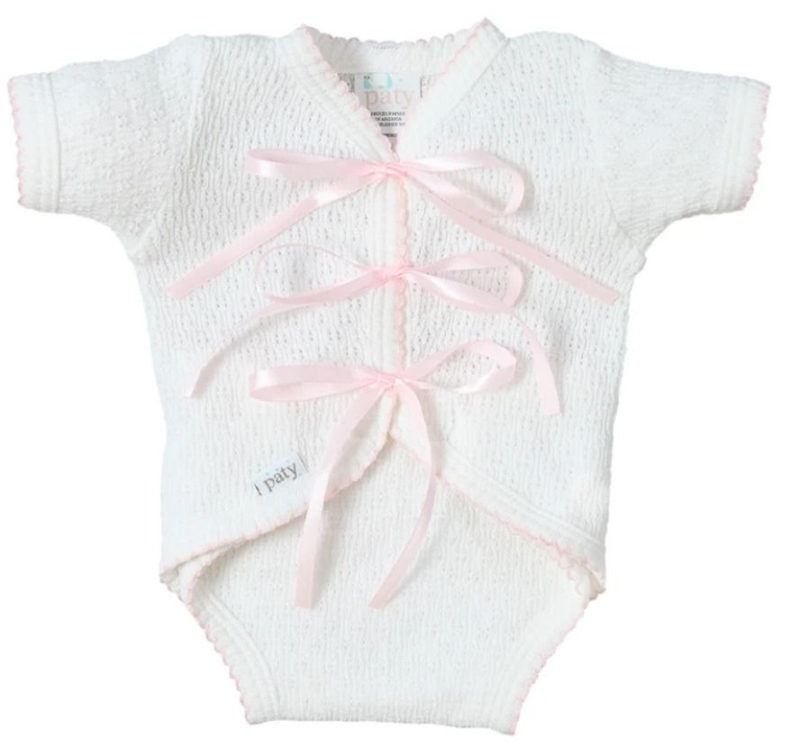 Knit Ribbon Tie Onesie Pink