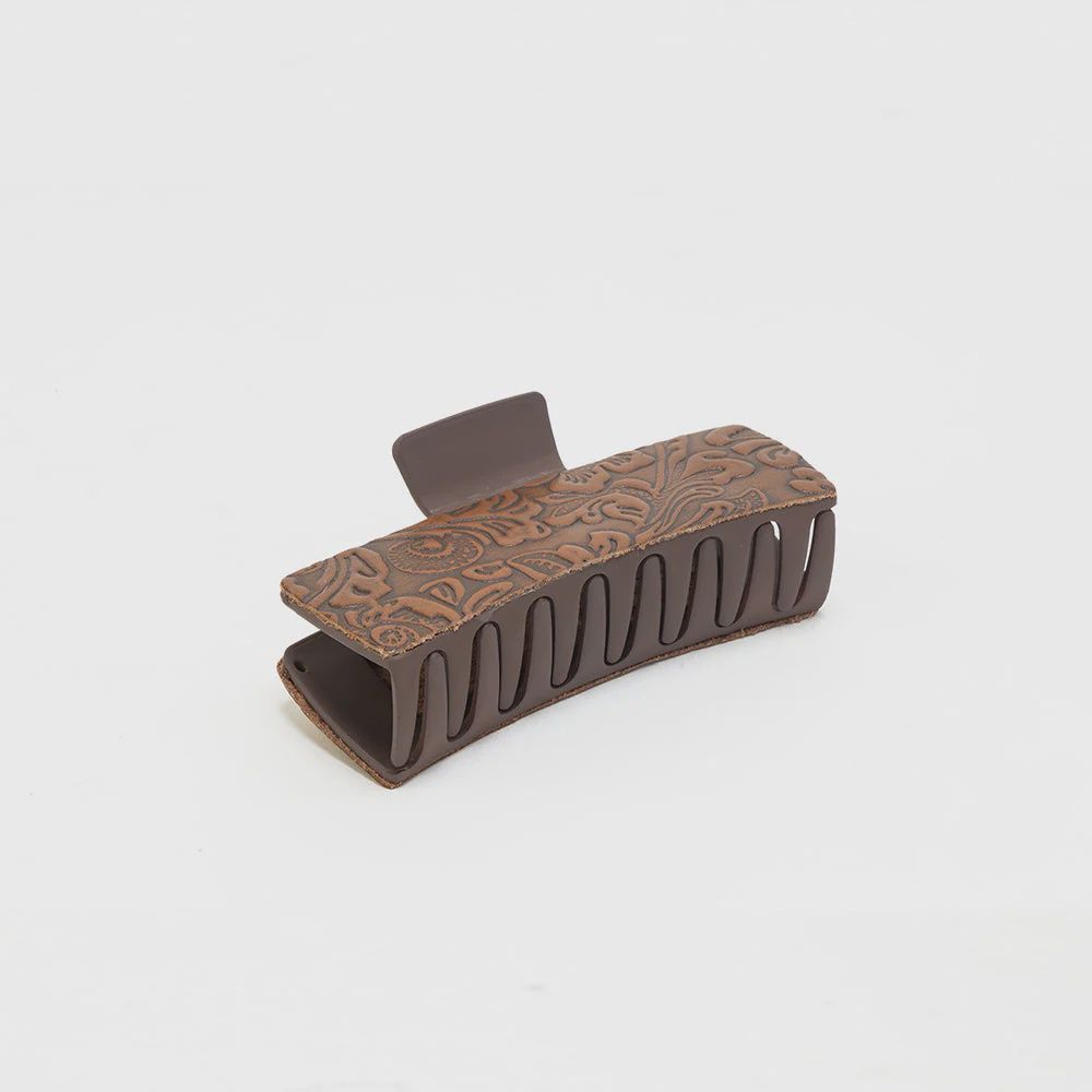 Soilcrest Embossed Leather Hair Clip in Cedar Brown