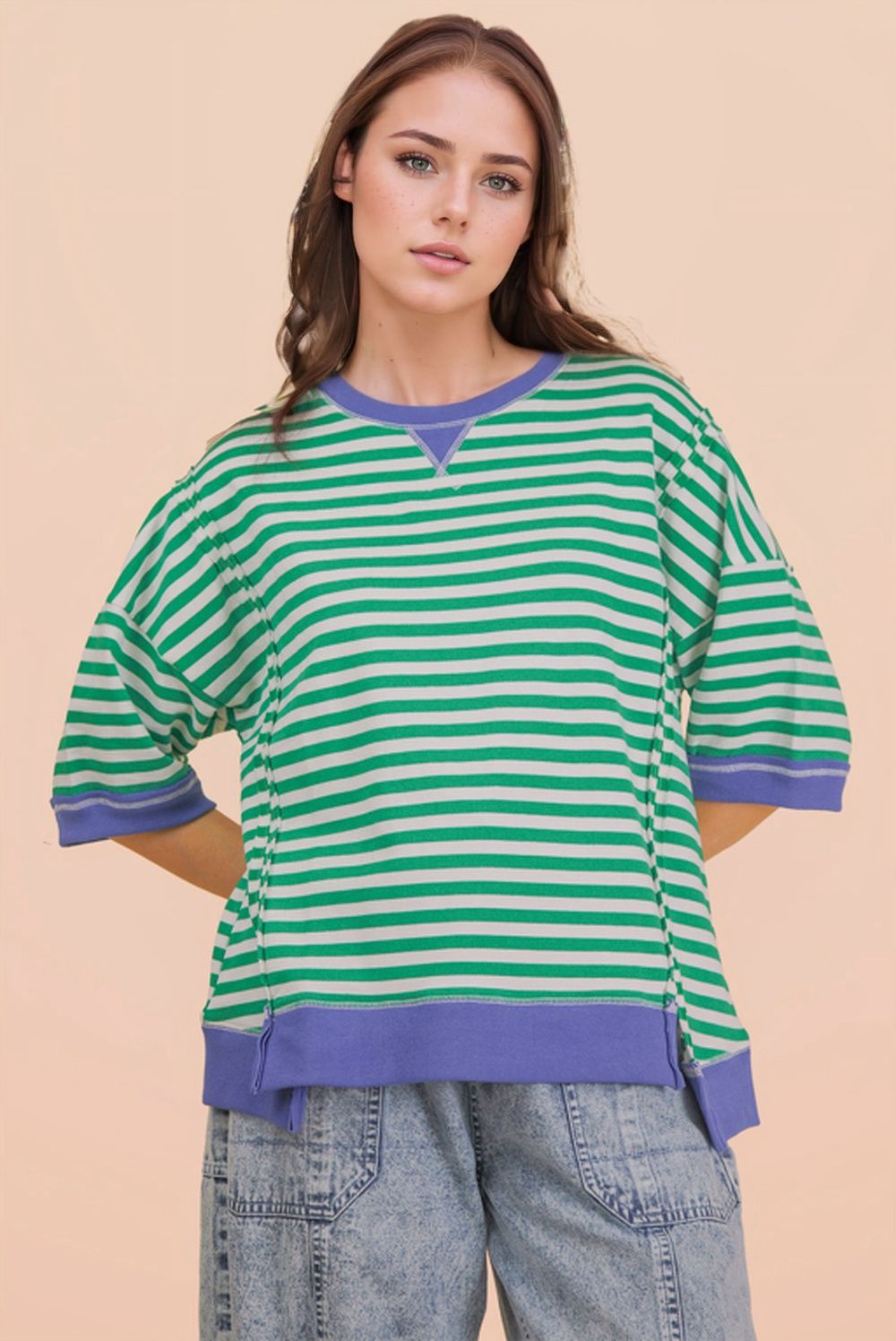 Green and Blue Oversized Striped Top