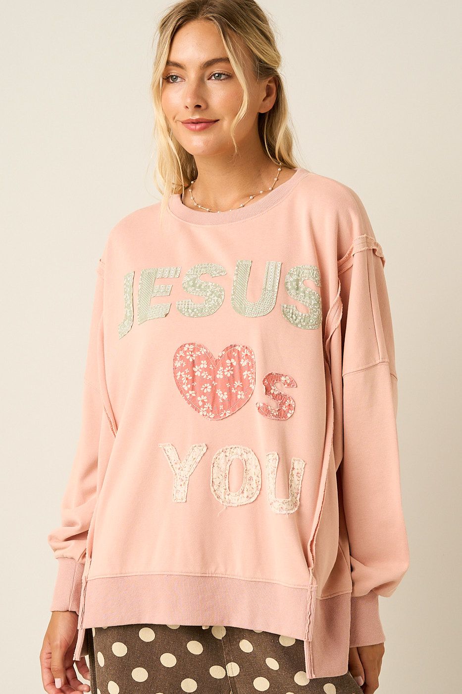 Jesus loves you long sleeve, Color: Dusty Pink, Size: s/m