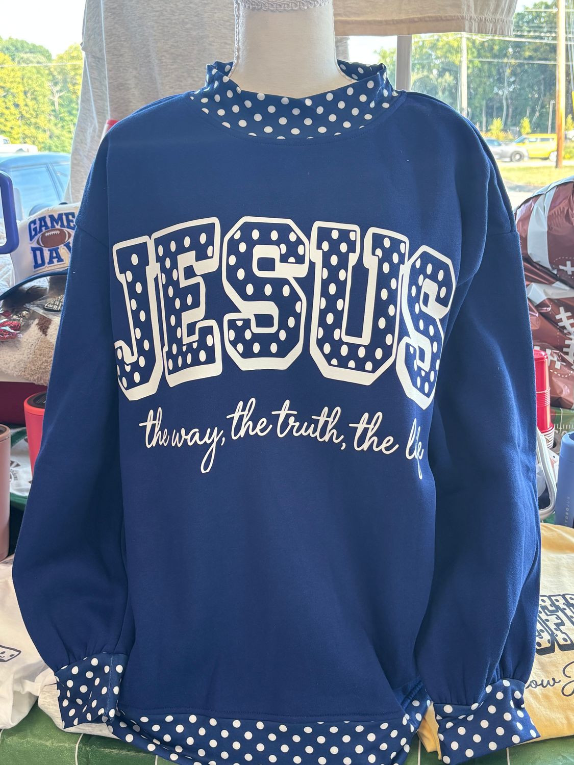 Royal blue polka dot Jesus mock neck