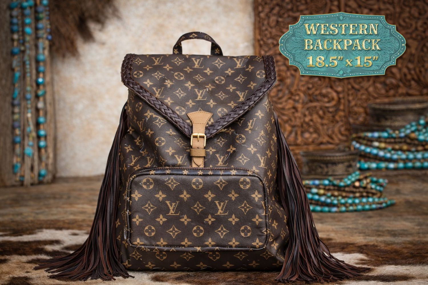 ✨Upcycled Designer Monogram Western Fringe Backpack