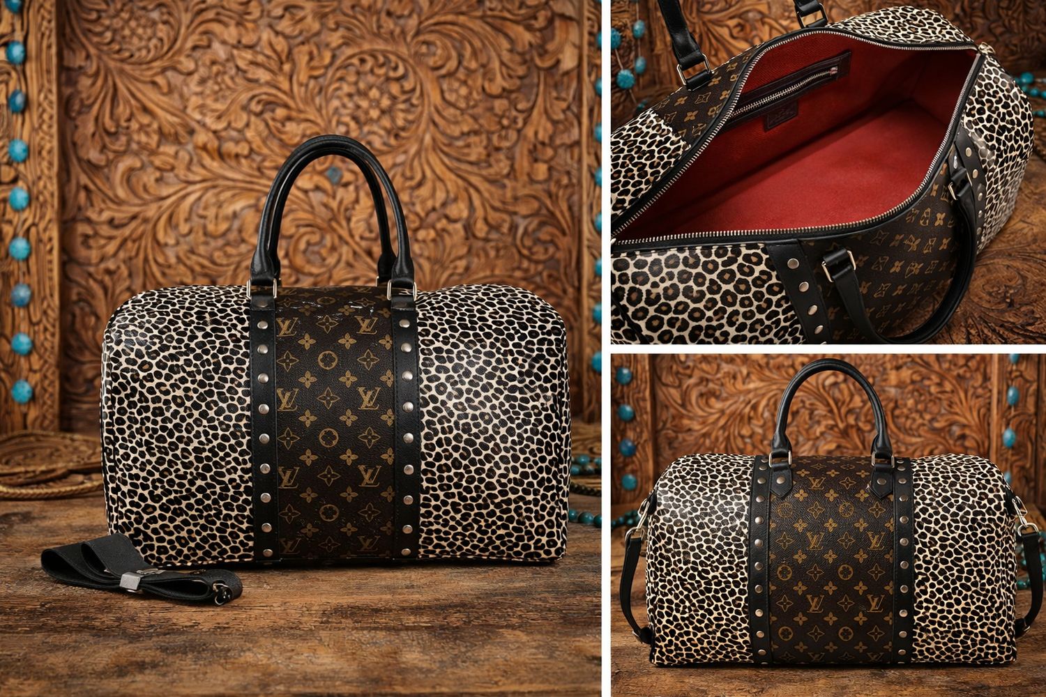 Upcycled Leopard &amp; Monogram Western Travel Duffel Bag