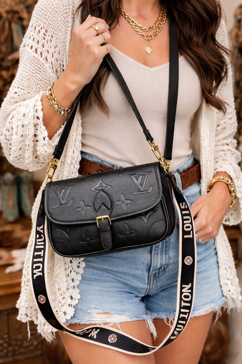 Black LV Upcycled Designer Crossbody Bag 