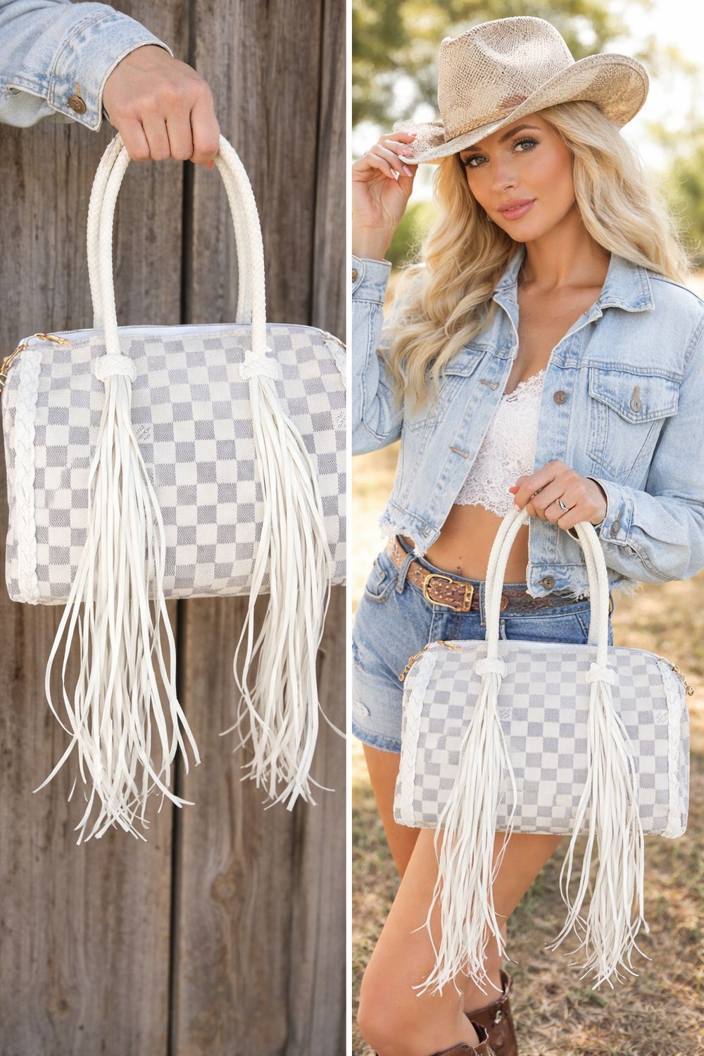 Upcycled White Checkered Fringe Handbag | Western Boutique Style ✨