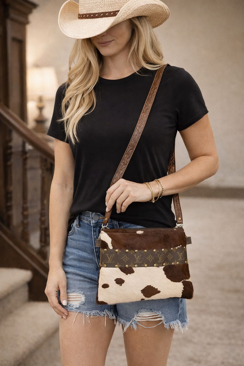 Upcycled LV Cowhide Crossbody  Western Designer Wristlet Bag