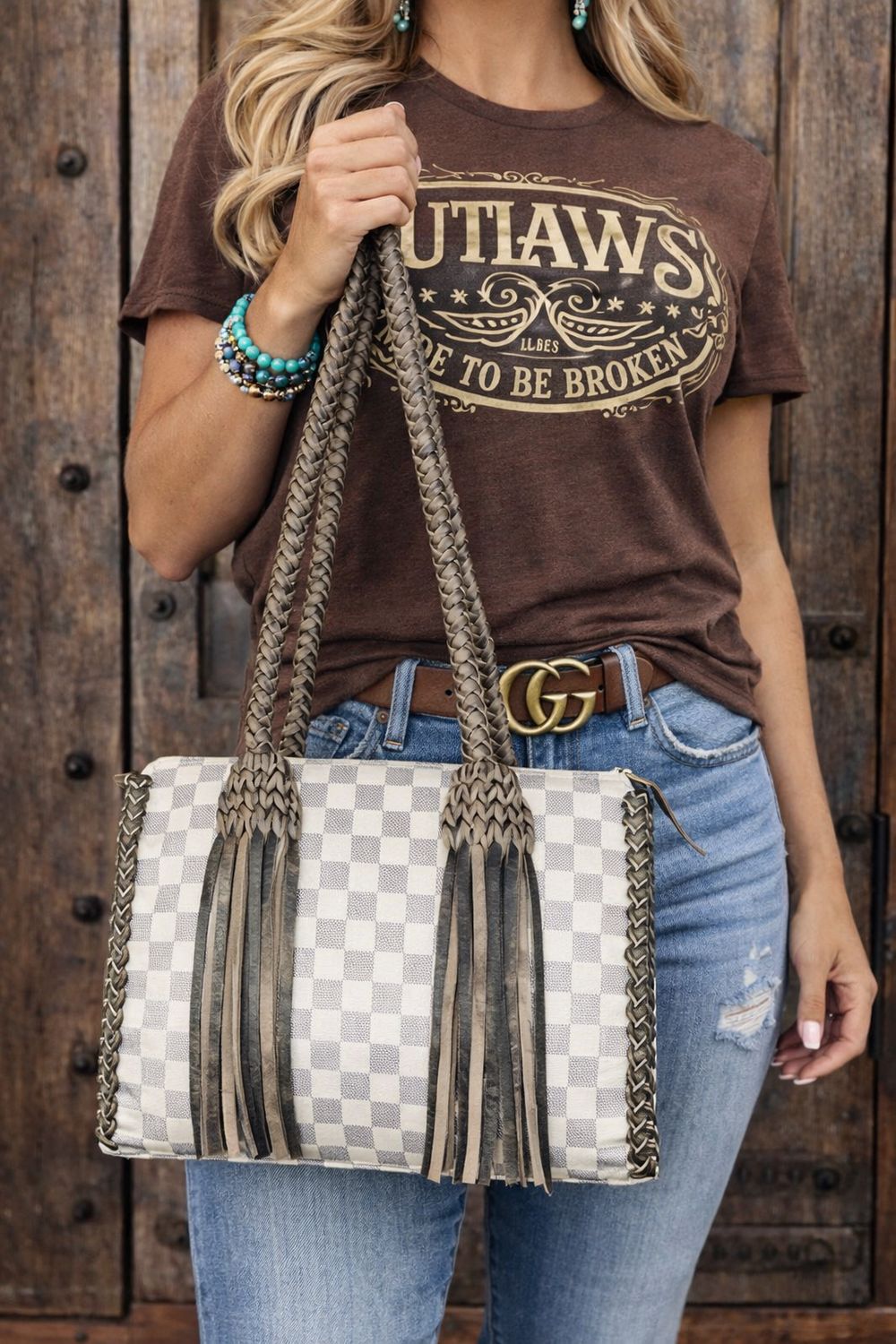 Western Upcycled Checkered Tote Bag ✨