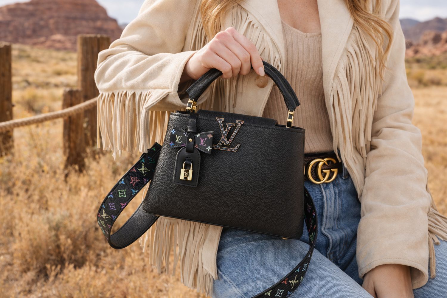 ✨ Upcycled Designer Crossbody Satchel – Black Multi Strap 