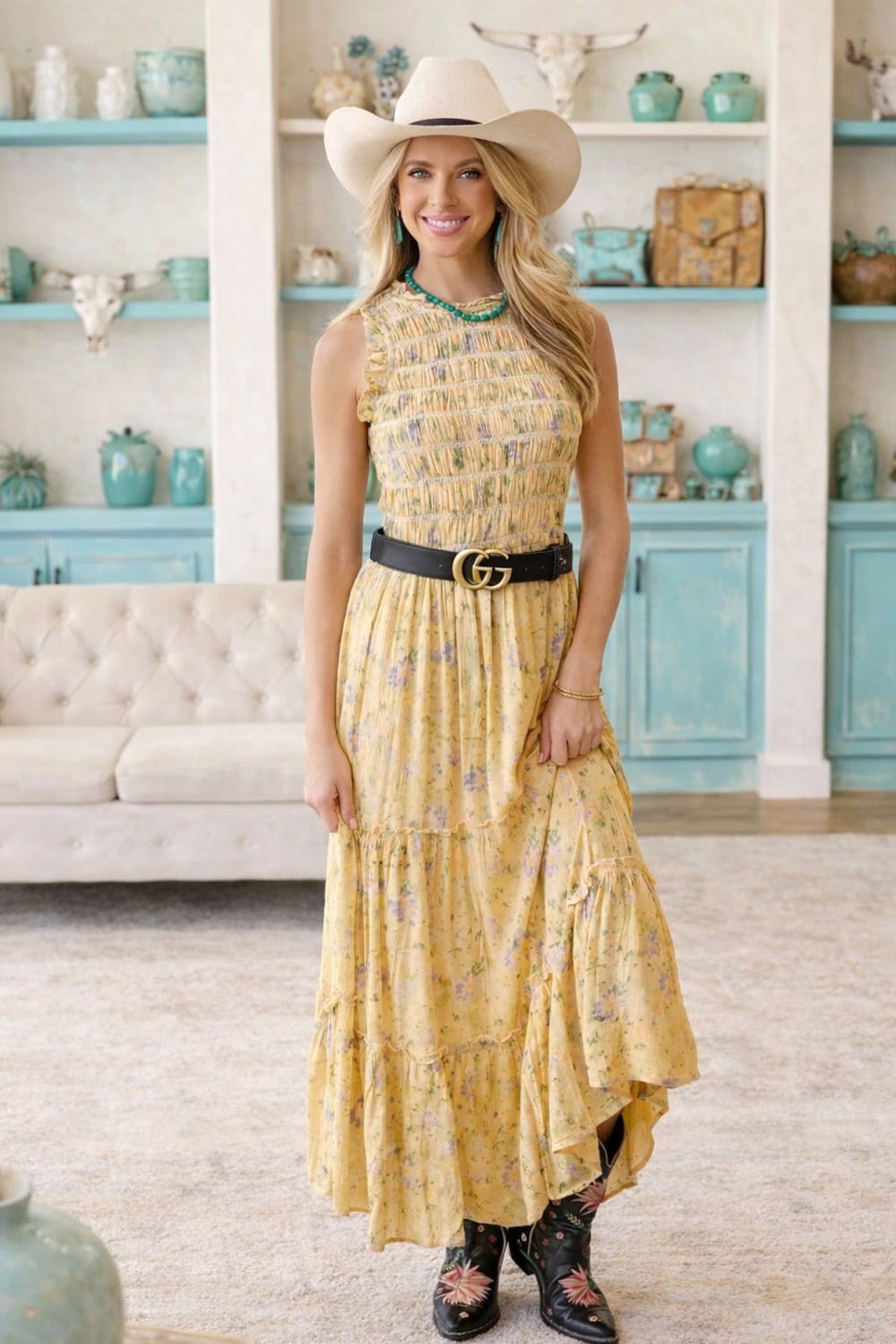 Myra Boho Floral Smocked Sleeve Midi Dress In Pale Yellow