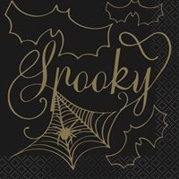 Black &amp; Gold Spider Web "Spooky" Beverage Napkins  16ct
