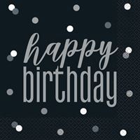 16 Glitz Black &amp; Silver "Happy Birthday" Luncheon Napkins