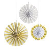 Gold &amp; White Foil Paper Fan Décorations  3ct - Assorted