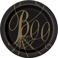Black &amp; Gold Spider Web "Boo" Round 7" Dessert Plates  8ct
