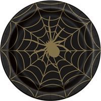 Black &amp; Gold Spider Web Round 9" Dinner Plates 8ct