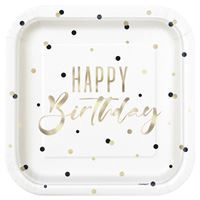 Gold Happy Birthday "Happy Birthday" Square 9" Dinner Plates  8ct - Foil Stamping