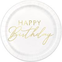 Gold Happy Birthday Round 7" Dessert Plates  8ct - Foil Stamping