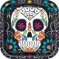 Skull Day of the Dead Square 9" Dinner Plates 8ct