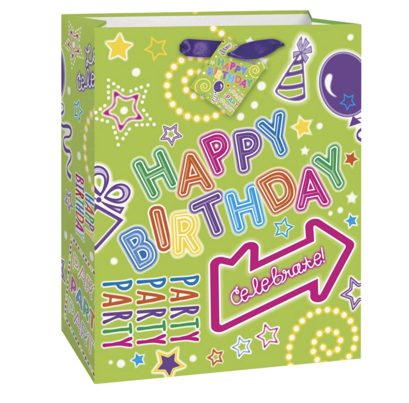 Green Neon Happy Birthday Large Gift Bag