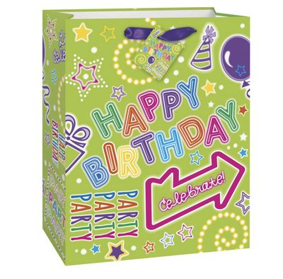Green Neon Happy Birthday Large Gift Bag