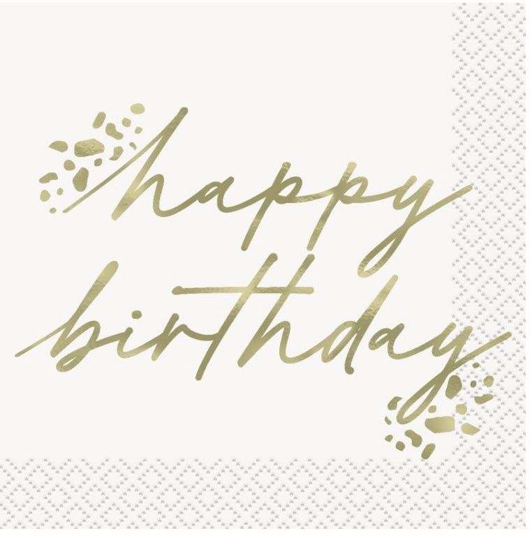 16Ct White and Gold Happy Bday Luncheon Napkin
