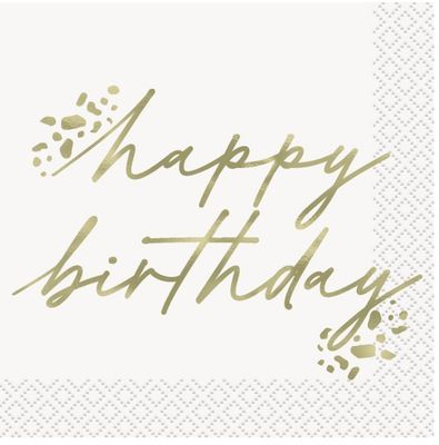16Ct White and Gold Happy Bday Luncheon Napkin