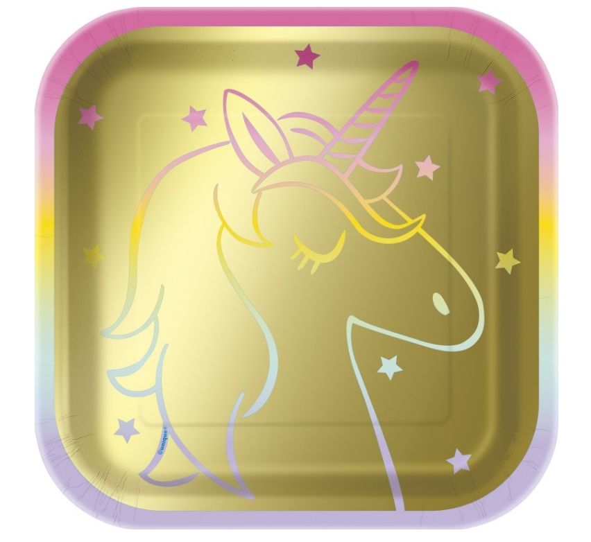 8Ct 7” Square Gold Rainbow Unicorn Plates