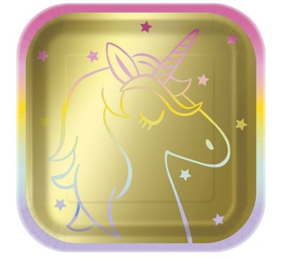 8Ct 7” Square Gold Rainbow Unicorn Plates