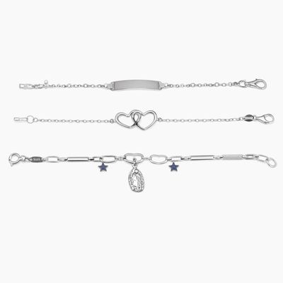 Paquete de 3 Pulseras de Plata .925 – Corazones, Placa y Virgen