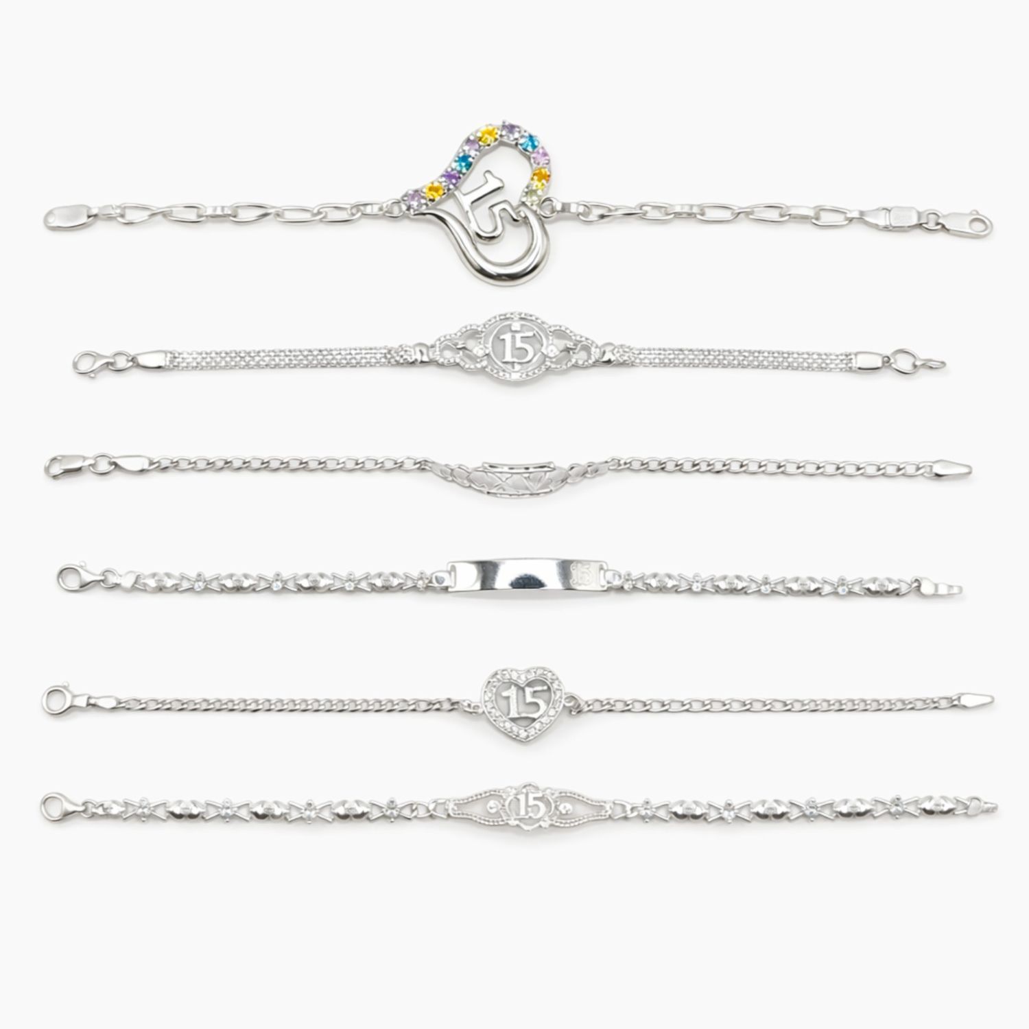 Paquete de 6 Pulseras para XV Años de Plata .925 – Modelos Surtidos (6.5” a 7.5”)