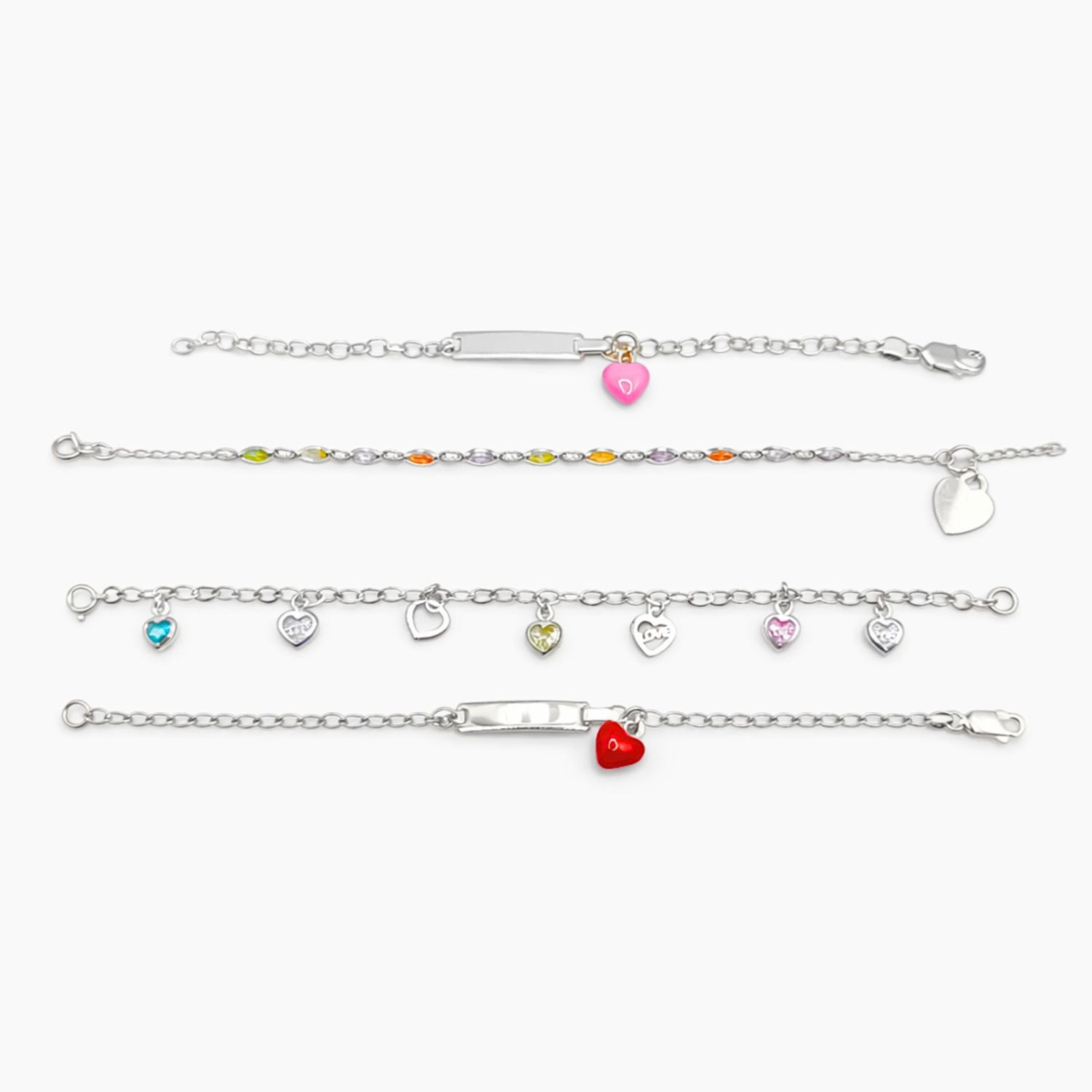 Paquete de 4 Pulseras de Plata .925 – Corazones y Circonias de Colores