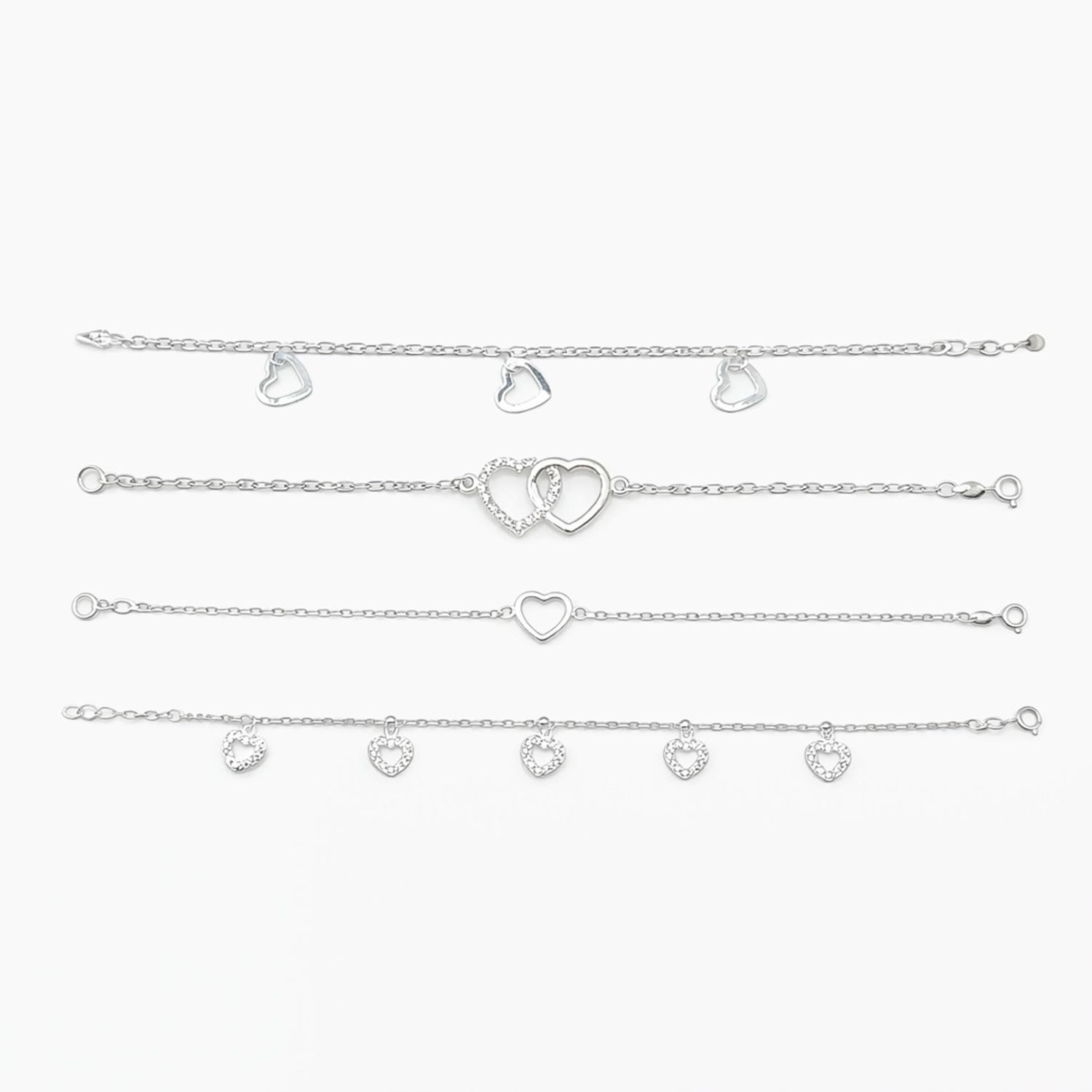 Paquete de 4 Pulseras de Plata .925 – Corazones 7”