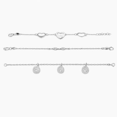 Paquete de 3 Pulseras de Plata .925 – Circonias 7.5”, San Benito 7” y Corazones 7”
