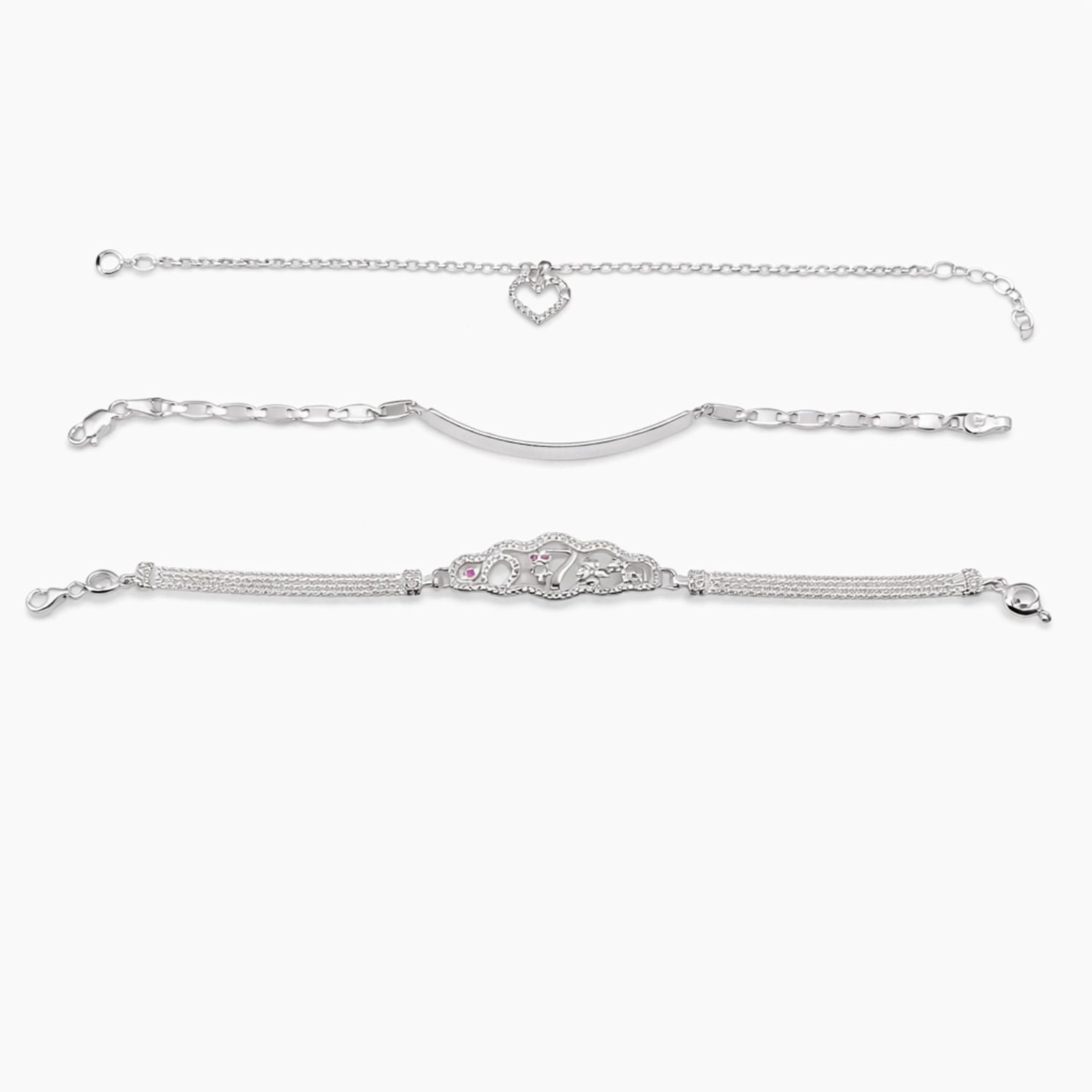 Paquete de 3 Pulseras de Plata .925 – Suerte, Placa y Corazón