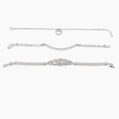 Paquete de 3 Pulseras de Plata .925 – Suerte, Placa y Corazón
