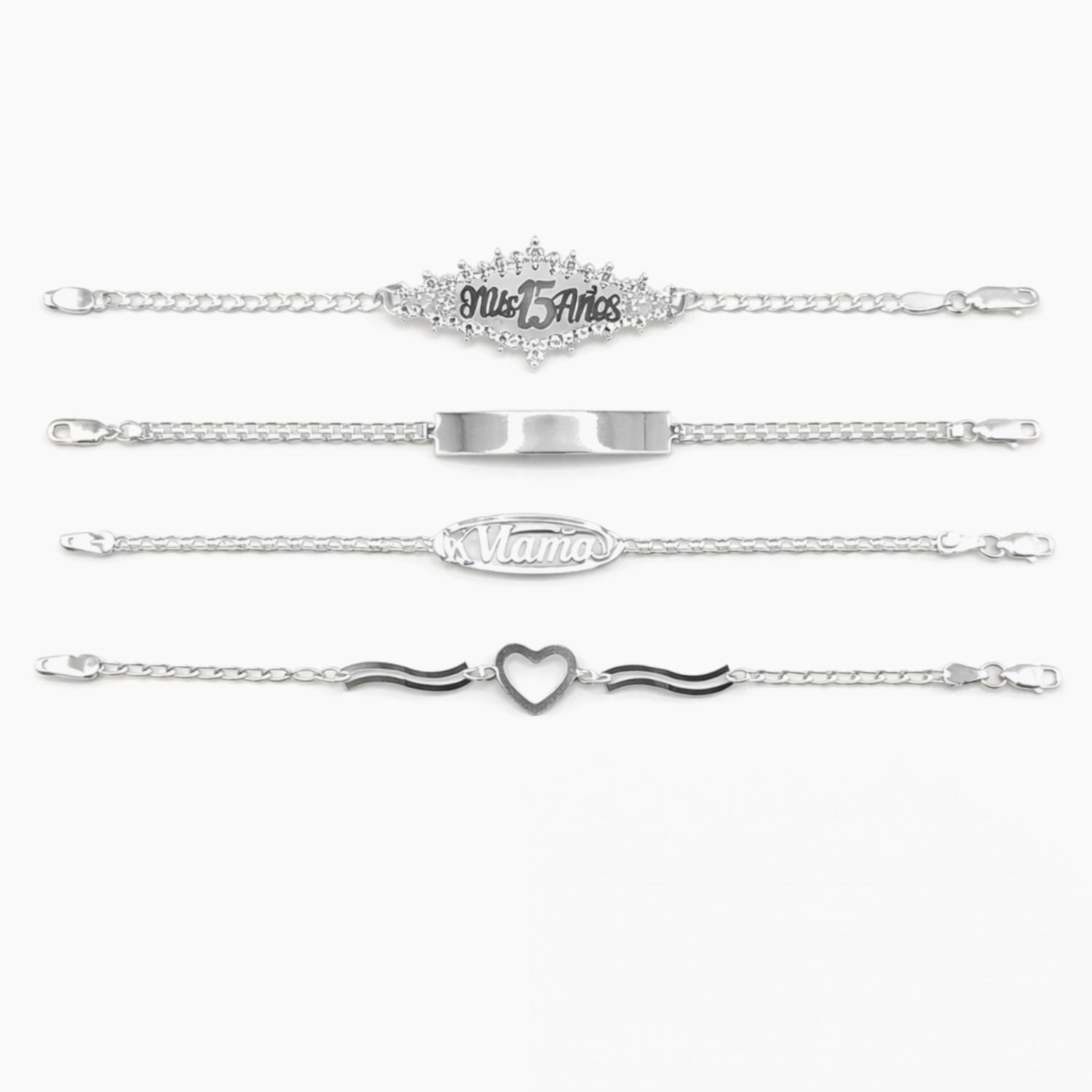Paquete de 4 Pulseras de Plata .925 – XV Años, Placa y Corazón con CZ