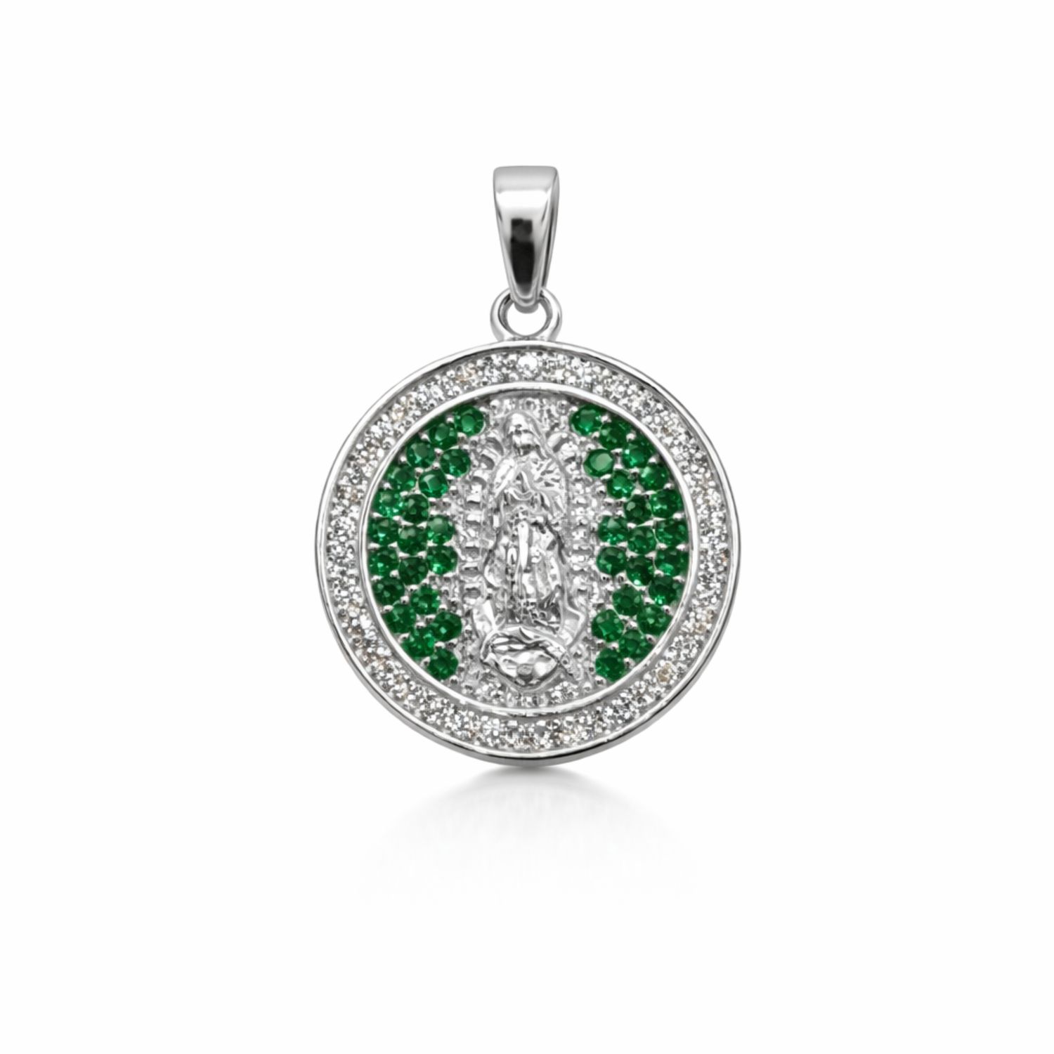 MEDALLA CZ VERDE VIRGEN DE GPE 2 CM, PLATA .925