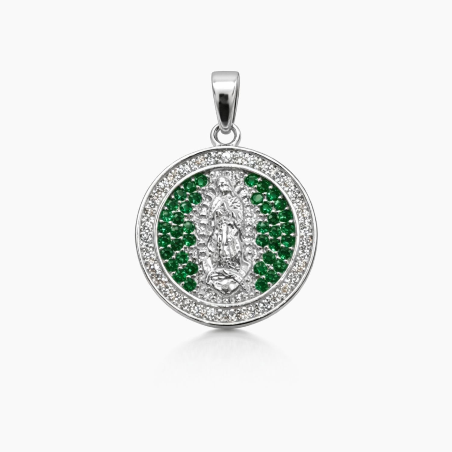 MEDALLA CZ VERDE VIRGEN DE GPE 2 CM, PLATA .925