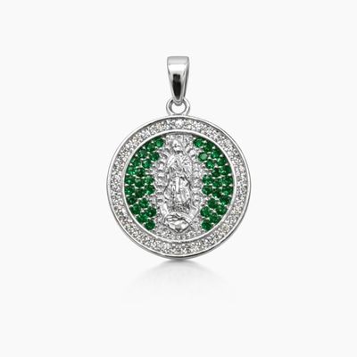 MEDALLA CZ VERDE VIRGEN DE GPE 2 CM, PLATA .925