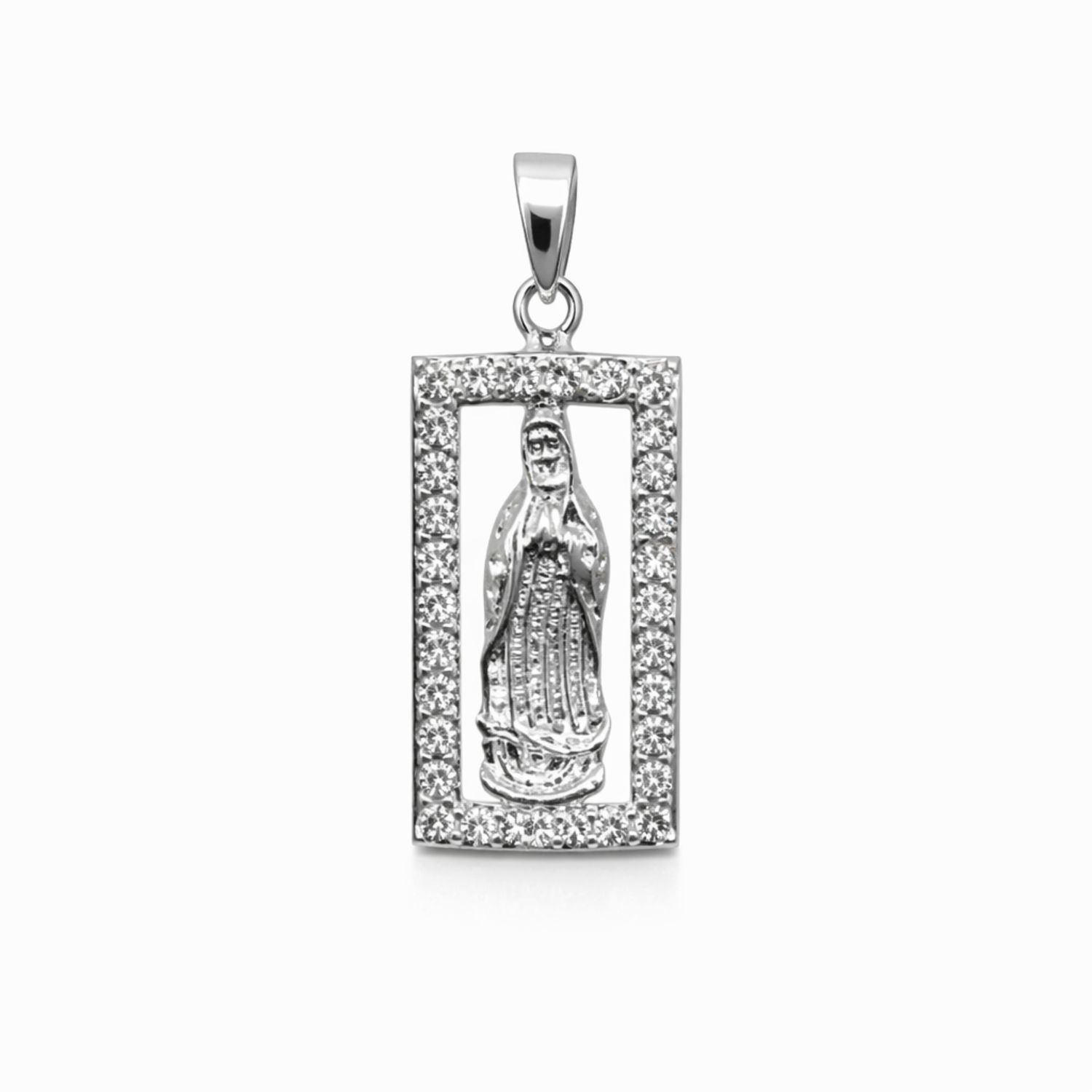 MEDALLA RECTANGULAR CON CZ VIRGEN DE GPE, 2 CM, PLATA .925
