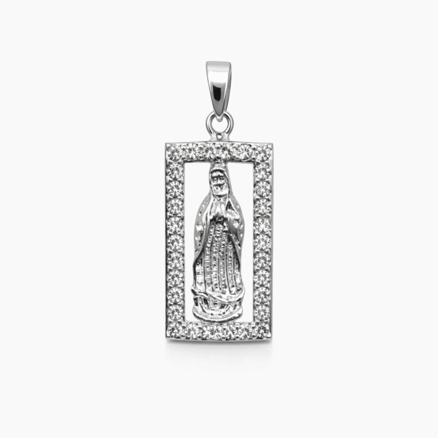MEDALLA RECTANGULAR CON CZ VIRGEN DE GPE, 2 CM, PLATA .925
