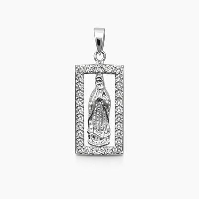 MEDALLA RECTANGULAR CON CZ VIRGEN DE GPE, 2 CM, PLATA .925