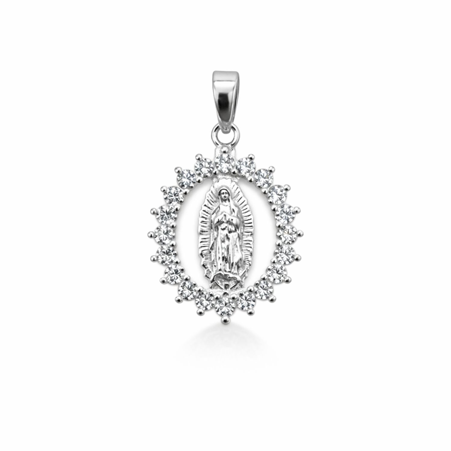 MEDALLA VIRGEN DE GPE CON CZ, 2 CM, PLATA .925