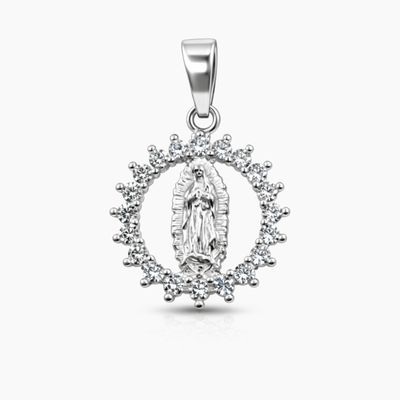 MEDALLA VIRGEN DE GPE CON CZ, 2 CM, PLATA .925