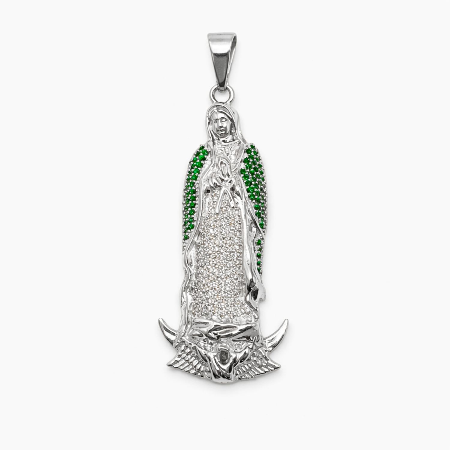 DIJE VIRGEN DE GUADALUPE 5 CM,  CON CZ VERDE Y BLANCA, PLATA .925